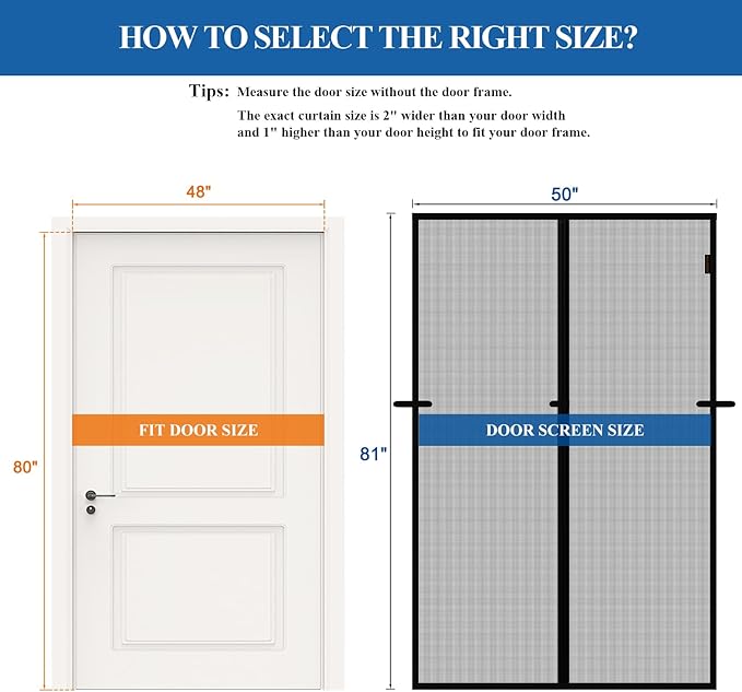 Magnetic Screen Door, Fits Door Size 48'' x 80'', Scratch-Proof Polyester, Classic Middle-Opening, Keep Annoying Creatures Out, Pet Friendly Mesh, Walk Through, Suitable for French/Double Doors, Black