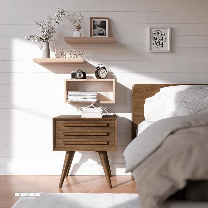 RICHER HOUSE Floating Shelves Set of 3, Modern Bathroom Shelves Wall Mounted with Invisible Brackets Over Toilet, Rustic Wall Shelves for Bathroom Bedroom, Living Room, Kitchen - Light Brown