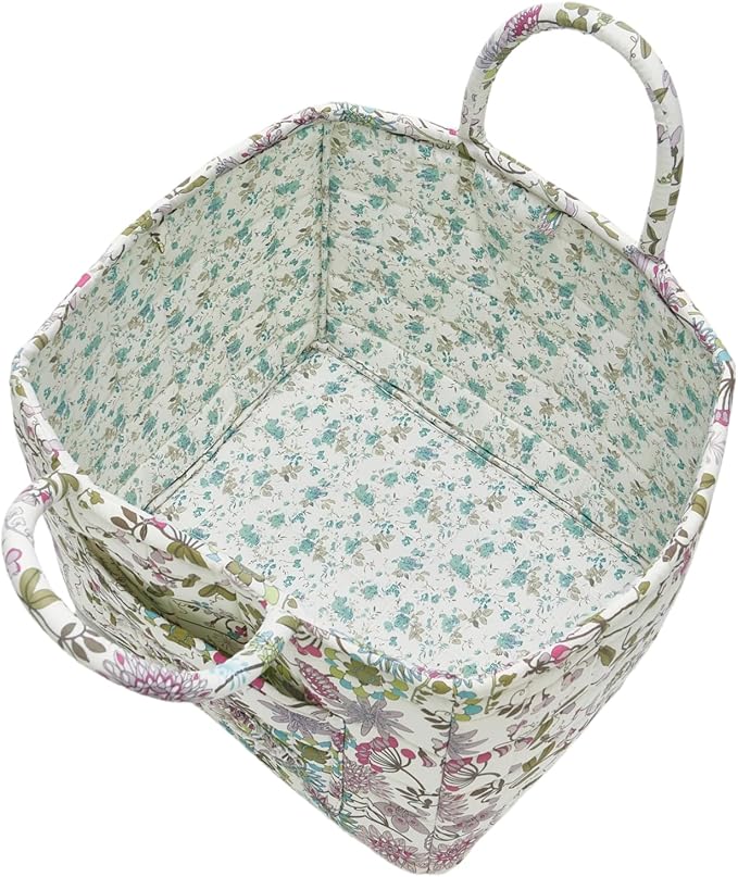 Quilted Fabric Storage Baskets with Handles, Boho Floral Gift Basket Foldable Organizer Bin for Home Decor, Picnic, Travel 12''x10''x10'' (Purple)