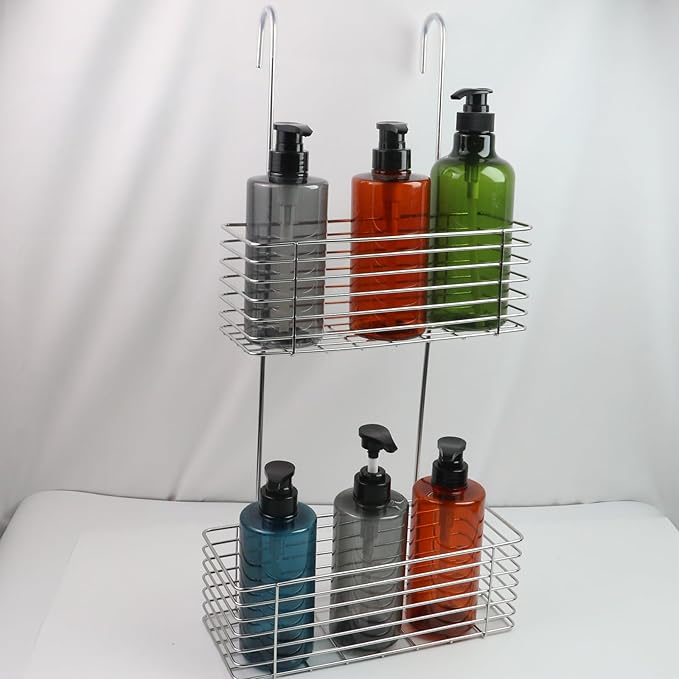 Antrader Hanging Shower Rack,Shower Caddy Hanging with Hooks,Hung on the Faucet or the Door,the Back Hook Can be Rotated,No Drilling,304 Stainless Steel,Double Layer-Silver