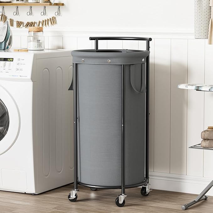 Chrislley 110L Laundry Hamper with Wheels,Rolling Laundry Basket with Removable Bag,Round Iron Laundry Cart with Steel Frame and Handle,Dirty Clothes Hamper Organizer for Dorm,Laundry Room(Grey)