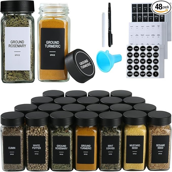 48 Glass Spice Jars with Labels,Spice Jar Set,4oz Seasoning Containers,Spice Containers with Black Airtight Lids and Shaker Lids,Square Empty Spice Bottles, 492 Labels,1 Funnel