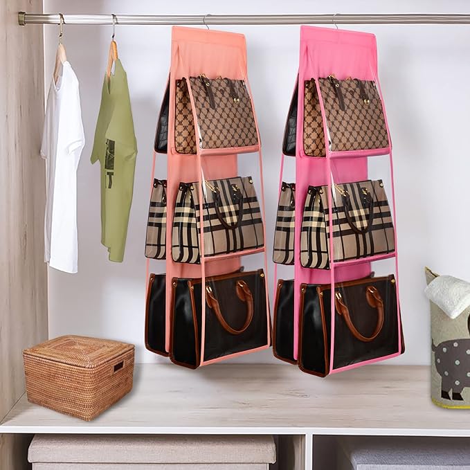 Lirex Medium and Large Handbag Hanging Purse Organizer for Closet, Handbag Storage Organizer Hanger Oxford Cloth Closet Organizer for Family Closet Bedroom, Foldable and Universal Fit, Light Pink
