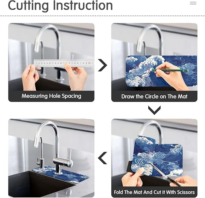 Kitchen Sink Splash Guard 2 PCS 30 Inch Sink Faucet Mat Splash Guard for Bathroom Countertop Water Absorbent Foldable Cuttable Soft Washable Blue Ocean Waves