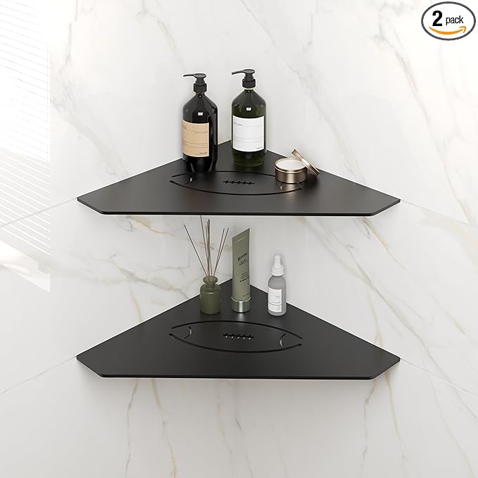 FerdY 2-Pack 10" Matte Black Recessed Corner Shower Shelf, for Tiled Bathroom Walls, Floating Shelf, 304 Stainless Steel Shower Caddy Storage Shelves, No Drilling Required, Rugby Diamond