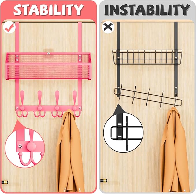Kaiferty Over The Door Hooks Organizer, Coat Rack Over The Door Storage Hanger Towel Rack, Back of Door Storage Organizer for Bathroom,Bedroom,Kitchen,Office (Pink, 2-Tier)