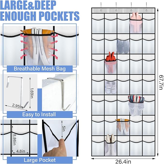 Windyun 2 Pcs 70 Large over The Door Shoe Organizer Hanging Shoe Rack for Closet Holder White Mesh Pockets Back to School Behind Door Hanger Storage Nonslip for Home Room School Dorm, Each 35 Pockets