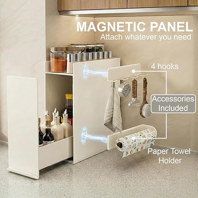 2 Tier No Assembly Pull Out Spice Rack Countertop, Sliding Drawer Seasoning Condiments for Tall Bottles, Steel Kitchen Countertop Organizer with Magnetic Panels with Paper Towel Holder and 4 Hooks