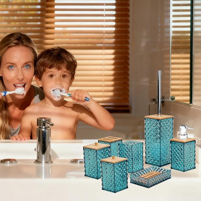 Bathroom Accessory Set,7 Pcs Dark Green Bathroom Set Include Soap Dispenser, Qtip Holder Dispenser, Soap Dish,Toilet Brush,Toothbrush Holder & Mouthwash Cup.Boho Bathroom Set