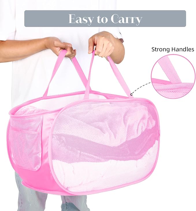 2 Pcs Durable Collapsible Laundry Baskets - Reinforced Mesh Pop Up Laundry Hamper with Pocket, Foldable Dirty Clothes Hamper with Carry Handles for Laundry, Bathroom, Kids Room, Dorm or Travel Pink