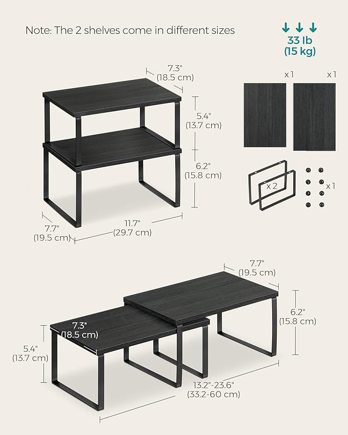 SONGMICS Cabinet Organizer Shelf, Set of 2 Kitchen Counter Shelves, Kitchen Storage, Spice Rack, Stackable, Expandable, Metal and Engineered Wood, Ink Black and Charcoal Black UKCS02B01 (Pack of 2)