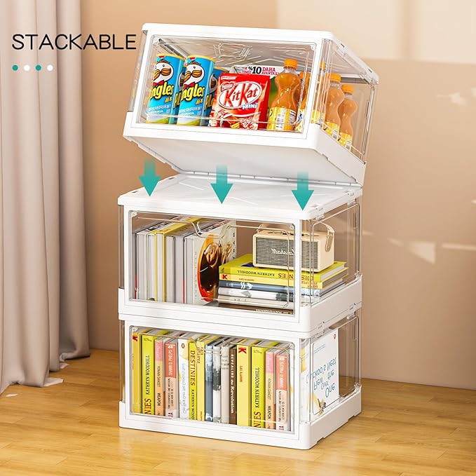 SNSLXH Clear Storage Bins with Lids, Stackable Storage Bins with Magnetic Doors Open Front, Plastic Storage Bins for Living Room, Bedroom, Study Room and Office, 3 Packs, 24QT