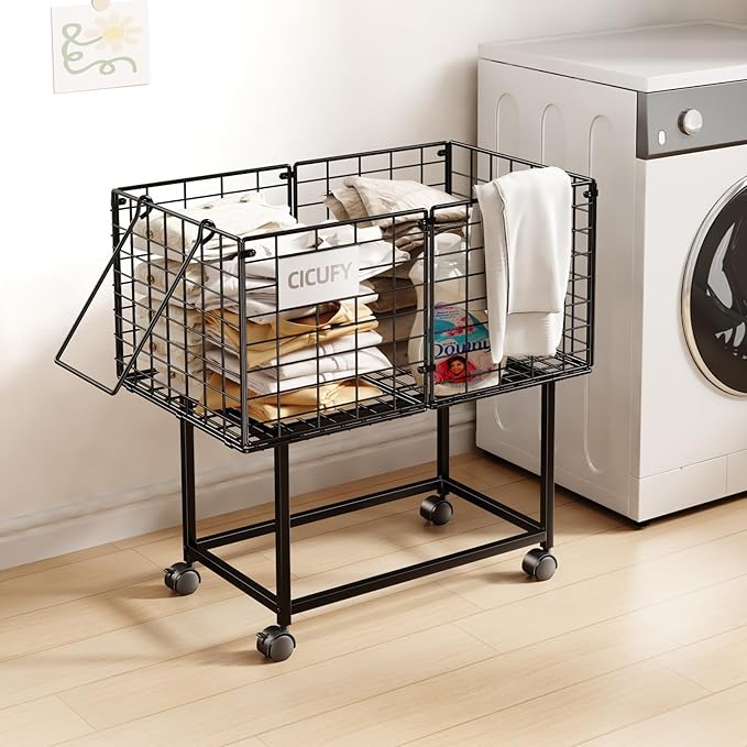 Rolling Laundry Cart, 80L Wire Laundry Hamper Basket on Wheels, Dirty Clothes Basket with Handle, Metal Clothes Hamper Organizer for Laundry Room, Bathroom, Bedroom, Dorm, Black