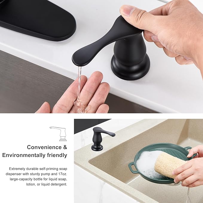 GAGALIFE Sink Soap Dispenser Matte Black, Built in Soap Dispenser with 17 OZ Bottle, Lotion Dispenser for Kitchen Sink, Refill from The Top (Pack of 2)