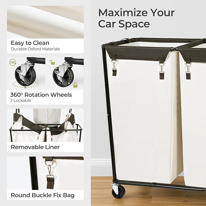 390L Laundry Hamper Sorter Extra Large, Heavy-Duty Laundry Basket with Wheels, Rolling Cart with Removable Bags, Laundry Cart for Hotel and Home, Beige, 2-Section