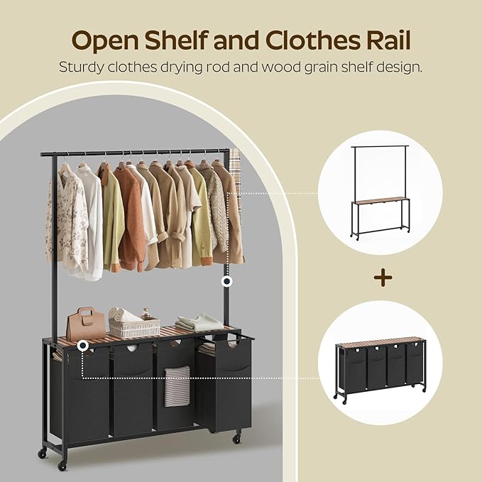 Laundry Sorter 4 Section, Rolling Laundry Hamper with Hanging Rack, Laundry Sorter with Wheels, Hampers for Laundry, Laundry Basket Organizer for Laundry Room, Rustic Brown LS47BR