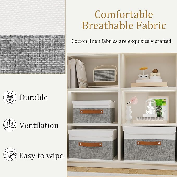 OUTBROS Large Fabric Storage Box with Lid, Collapsible Wardrobe Organiser, Linen Cubes For Towels, Clothes, 13 x 9.1 x 7.9 inch (White/Grey, 3-Pack)
