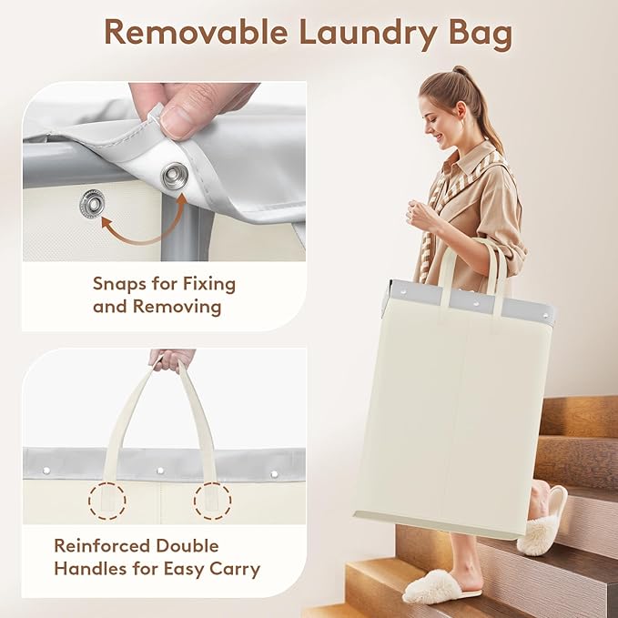 Lifewit 150L Large Laundry Basket with Wheels, Tall 2 Section Laundry Hamper Organizer, Rolling Laundry Cart with Steel Frame & Removable Bag for Luandry Room Bathroom Bedroom, White