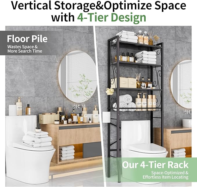 Over-The-Toilet Storage Rack 4-Tier,Bathroom Organizer Shelf Over Toilet,Adjustable Wooden Shelves and Basket,Freestanding Above Toilet Shelf,Space Saver for Rooms(Black Rack-Black Shelves)
