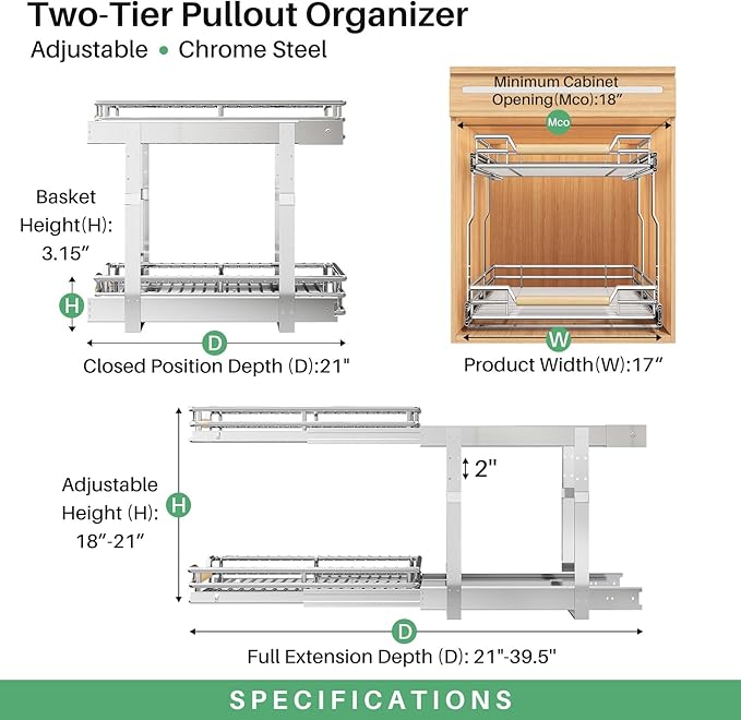 Pull out Cabinet Organizer, 2 Tiers 17"W X 21"D, Heavy Duty Smooth Sliding Under Cabinet Shelves for Pots and Pans, Full-Extension Roll out Drawers, Slide out Organization for Home Kitchen Pantry