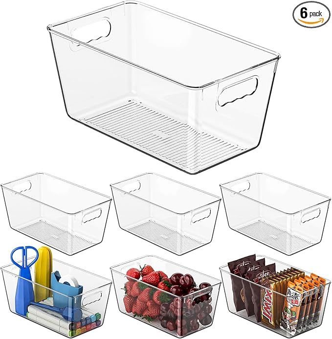 KJIXYUNG 6 Pack Clear Pantry Organizer Bins, Fridge Organiser Set, Plastic Containers with Handle,Home Organization Must Haves for Kitchen,Freezer,Cabinet,Closet,Bathroom Under Sink Storage