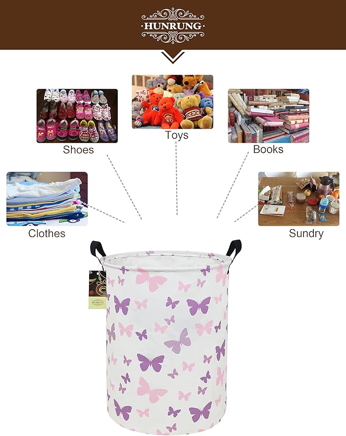 HUNRUNG Laundry Hamper,Large Canvas Fabric Lightweight Storage Basket Toy Organizer Dirty Clothes Collapsible Waterproof for College Dorms（Round-Butterfly）