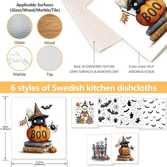 6 Pack Swedish Dishcloths for Kitchen - Reusable Dish Paper Towels Wash Cloths Washable,Absorbent Cellulose Cleaning Sponge Cloth Wipes, Decorative Tea Towels,No Odor Biodegradable(Halloween)