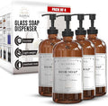 16 OZ Amber Glass Soap Dispenser with Pump, Hand and Dish Soap Dispenser Set for Bathroom with 12 Waterproof Labels, Pack 4