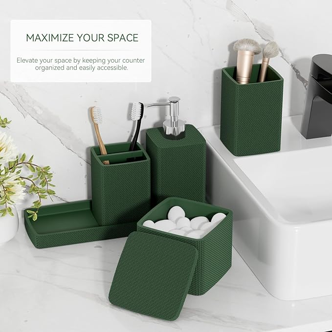 Dark Green Bathroom Accessories Set 5 Pieces, Resin Toothbrush Holders Set Complete with Soap Dispenser, Toothbrush Holder, Vanity Tray, Bathroom Tumbler and Qtip Holder for Small Spaces