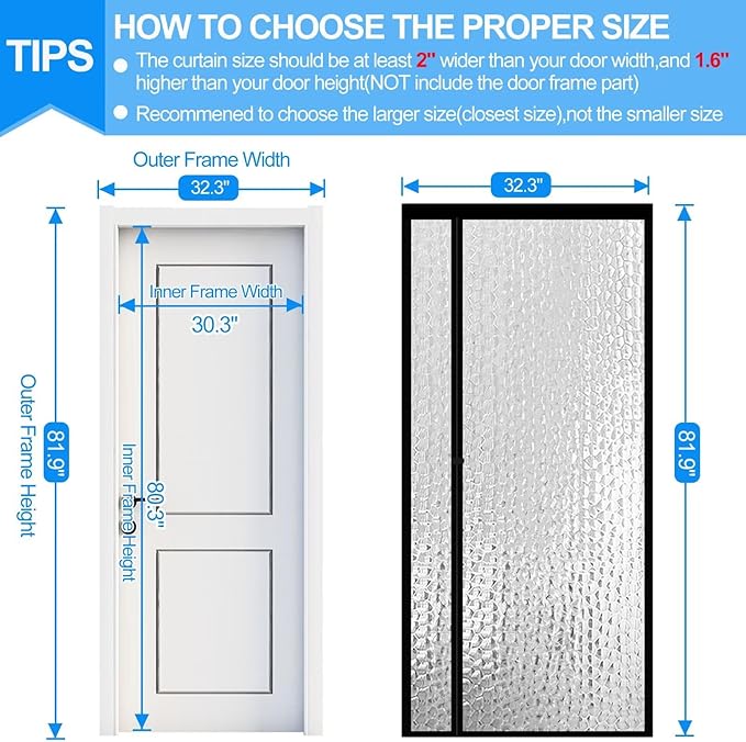 RELIANCER Magnetic Thermal Insulated Door Curtain,Waterproof EVA Door Cover,Left Right Side Opening,Fit Doors Size 30"x80",Self-Closing Insulated Doorway Curtain,Patio Auto Close Thermal Doors Screen