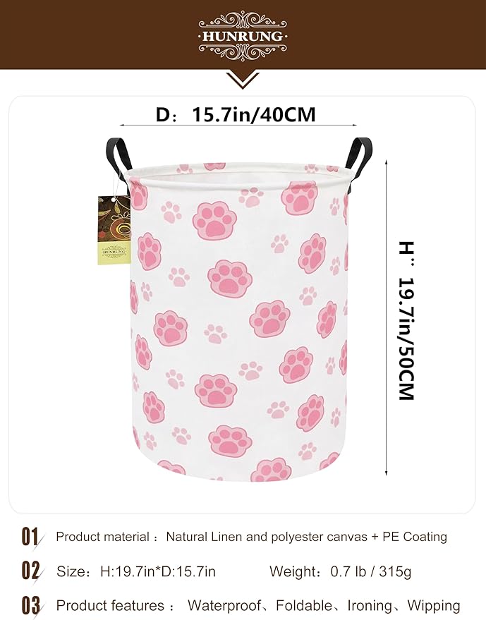 HUNRUNG Laundry Hamper,Large Canvas Fabric Lightweight Storage Basket Toy Organizer Dirty Clothes Collapsible Waterproof for College Dorms（Round-Pink Paw）