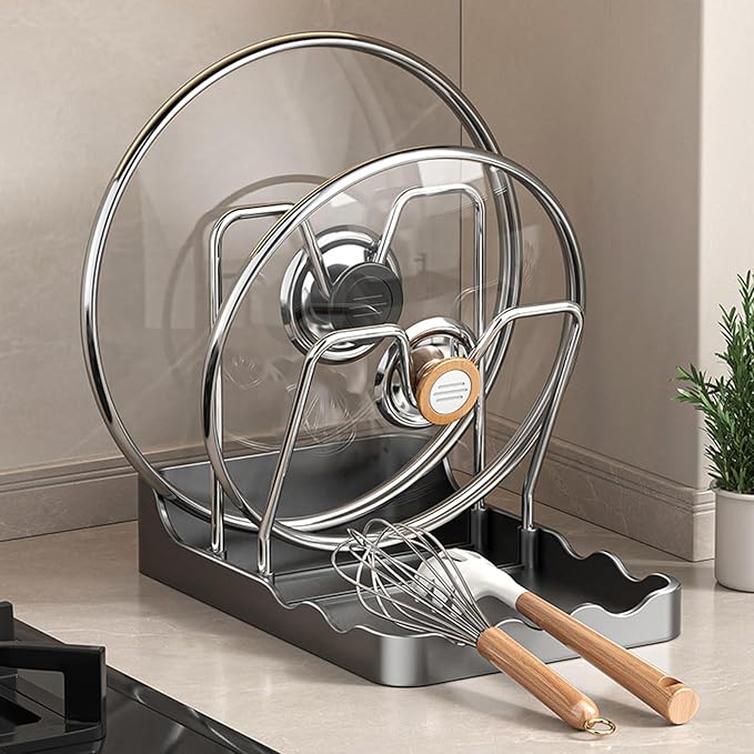 Kitchen Pot Lid Storage Rack, Pot and Pan Organizer with Removable Drip Tray, Two-Compartment Spatula Holder Pot Lid Holder for Counter Stove Top Kitchen