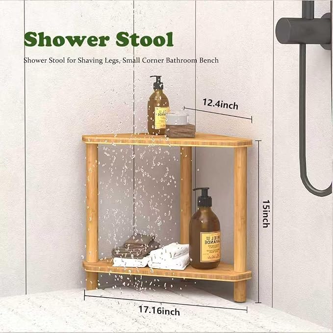 OKIIKOK Corner Shower Stool for Inside Shower Bamboo 2-Tier Waterproof Shower Bench Small Spaces,Shower Foot Rest with Storage Shelf Bath Seat