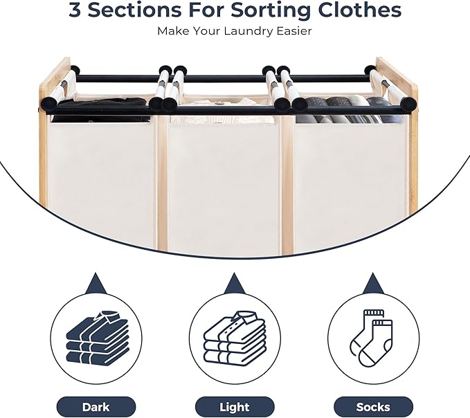 STO STO 3-Section Laundry Sorter with Bamboo Frame, Rolling Laundry Hamper Basket with Removable Bags and Lockable Wheels, Laundry Cart for Clothes Storage in Bedroom & Laundry Room, Beige