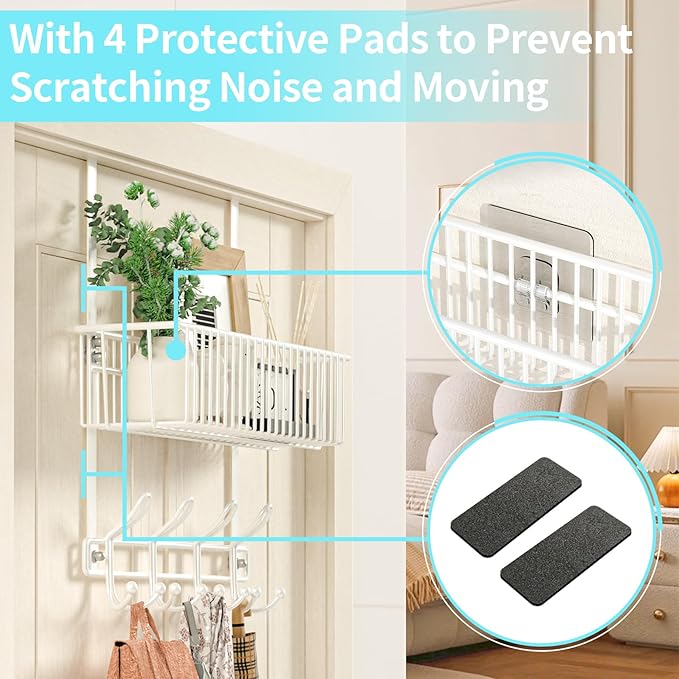 Kaiferty Over The Door Hooks Organizer,Door Hanger Door Storage with Basket,Over The Door Towel Rack Coat Hooks with 12 Hooks,for Bathroom,Bedroom,Kitchen,Office,Apartment(White)