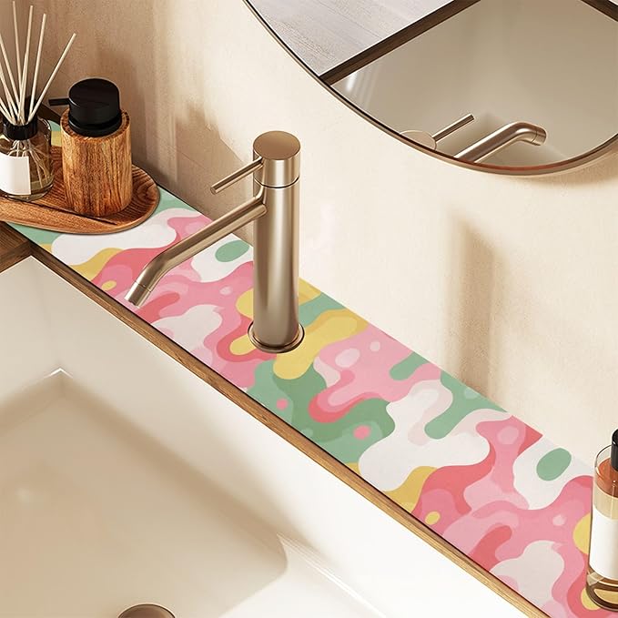 Kitchen Sink Splash Guard 2 PCS 30 Inch Sink Faucet Mat Splash Guard for Bathroom Countertop Water Absorbent Foldable Cuttable Soft Washable Multicolored Drips