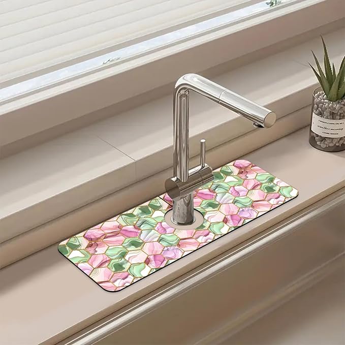 Sink Splash Guard Faucet Mat Abstract Pink and Green Hexagon Texture Absorbent Fast Drying Mat Sink Gadgets Splash Guard Behind Faucet Drip Catcher for Kitchen Bathroom 15.5"X5.5"