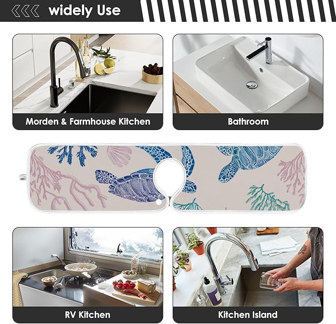 Sink Faucet Absorbing Mat Kitchen Sink Splash Guard Splash Faucet Drip Catcher for Bar RV Bathroom 2PCS 14.9x5.5in Line Turtles Starfish and Coral