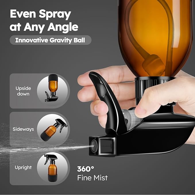 Tecohouse 2 Pack 360° Amber Glass Spray Bottles with Silicone Sleeve, 4 oz Empty Refillable Containers with Adjustable Spray Nozzles, Spray Bottles for Cleaning Solutions, Hair, Plants (Black & Brown)