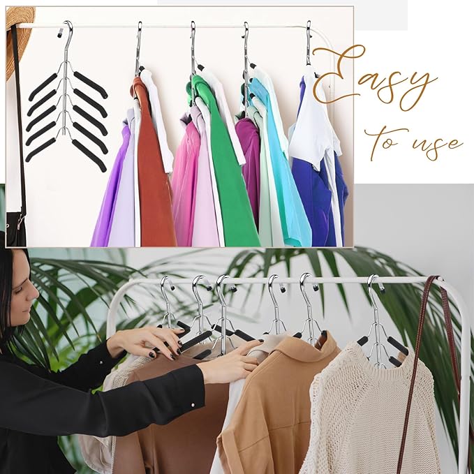 Ripeng 12 Pcs Multi Layer Clothes Hangers 5 in 1 Sweater Shirt Hanger for Shirts Space Saving Anti Slip Metal Heavy Duty Stainless Steel Blouse Tree Hangers for Closet Organizer and Storage, Black