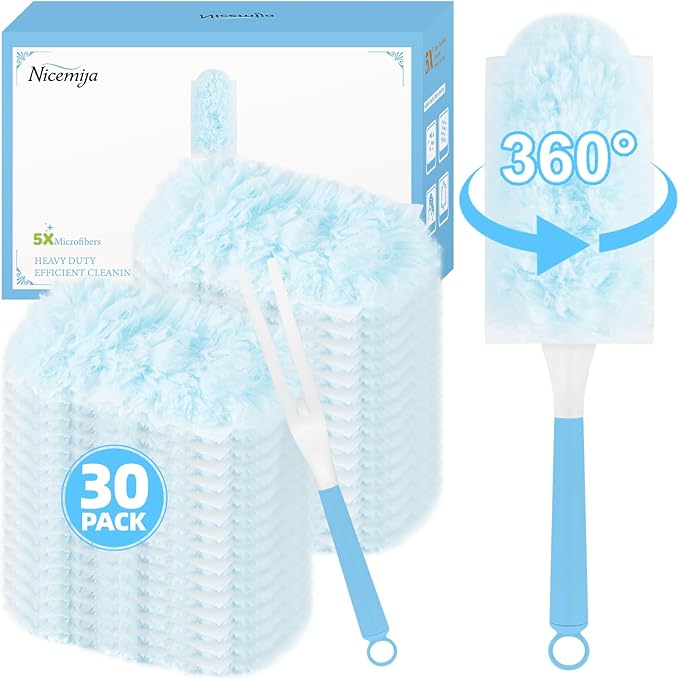 30 Count Light Blue Duster Refills Compatible with Swiffer Handle, 360° Multi-Surface Duster Refills with 1 Handle, 5X Microfibers Disposable Dusters for Home, Office Cleaning