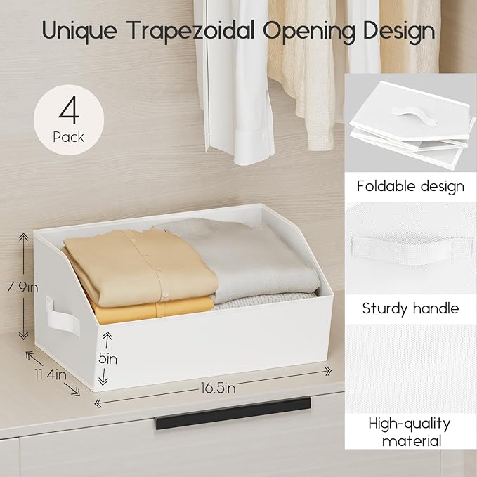 Large Closet Organizers and Storage Bins - 4 Pack Trapezoid Storage Baskets for Shelves, Foldable Fabric Baskets with Handles Ideal for Closet, Basket, Wardrobe and Shelf Storage, White