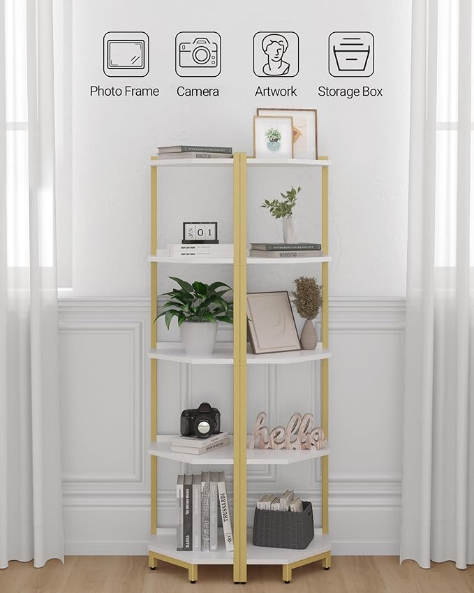 Corner Shelf Stand, Corner Bookshelf, Storage Standing Shelf Unit with Metal Frame, Plant Stand, Bookcase for Living Room, Home Office, Bedroom, 5-Tier White Gold CS05903A