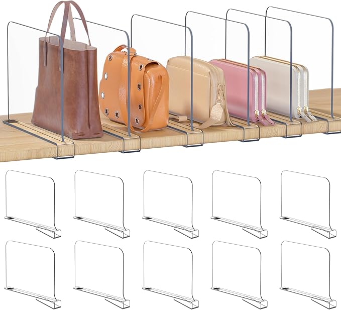OKPOW Shelf Dividers for Closet Organization - 8" Tall X 12" Deep Acrylic Clear Sturdy Separators for Clothes Purse - Adjustable Removable Easy to Install Storage for Wood Cabinet Housewife 10 Pack