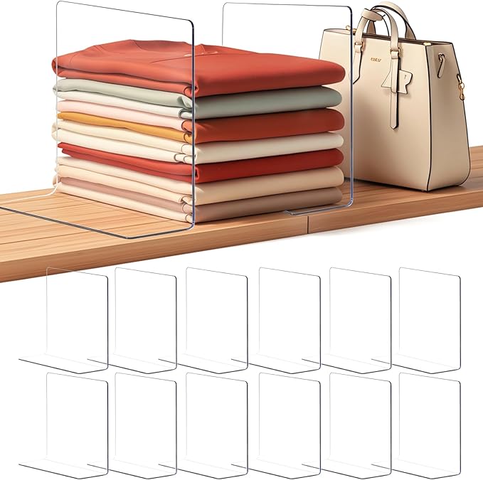 Lebouri Shelf Dividers for Closet Organization: 12" Tall Acrylic Closet Dividers for Shelves - Clear Free Standing Shelf Separators for Clothing Sweater Purse