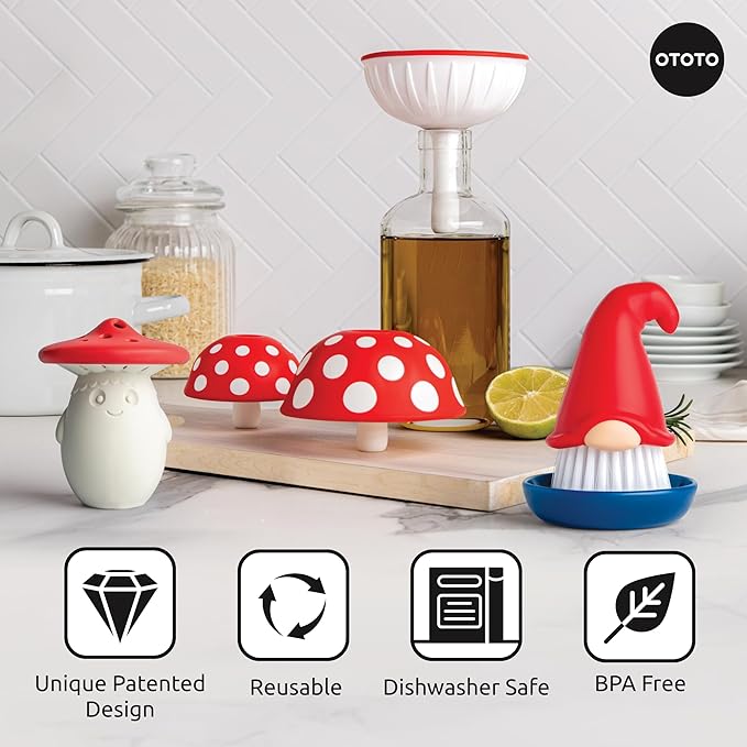 OTOTO Forest Trio Bundle of Beardy, Magic Mushroom, Fun Guy - Gnomes Dish Brush, Fungilicious Kitchen Funnel, Fridge Deodorizer, Mushroom Decor Cute Kitchen Accessories, Unique Mushroom Gnome Gifts