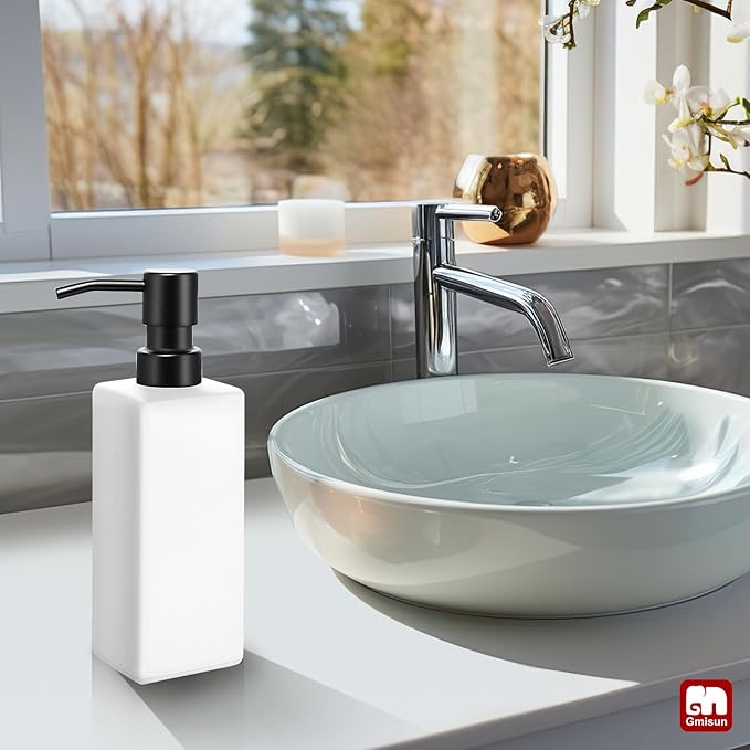 GMISUN White Soap Dispenser Bathroom, Hand Glass Soap Dispenser with Stainless Steel Pump, 12 fl oz/350ml Dish Dispenser for Kitchen, Modern Refillable Liquid Soap and Lotion Dispenser for Countertop