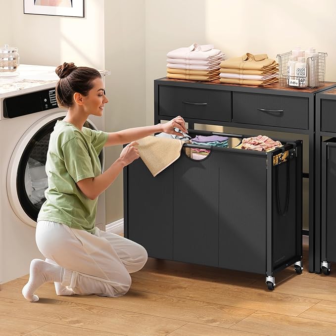Laundry Sorter 3 Section with Tabletop & 2 Drawers, Rolling Laundry Hamper with Pull-Out and Removable Bags, Laundry Basket Organizer with Wheels and Shelf, Metal Frame Rustic Brown for Laundry Room