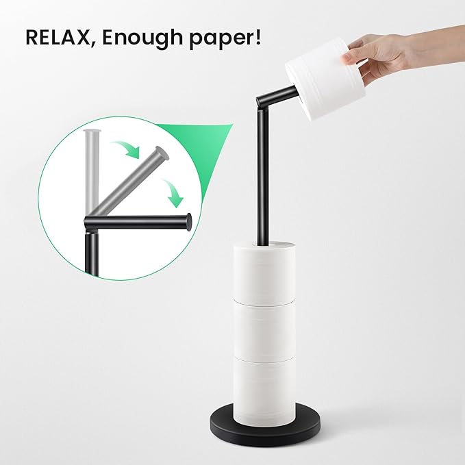 Cesun Toilet Paper Holder Stand Free Standing, Black Toilet Paper Storage with Heavy Weighted Base, Bathroom Stainless Steel Toilet Paper Roll Holder, Non-Slip, Matte Black