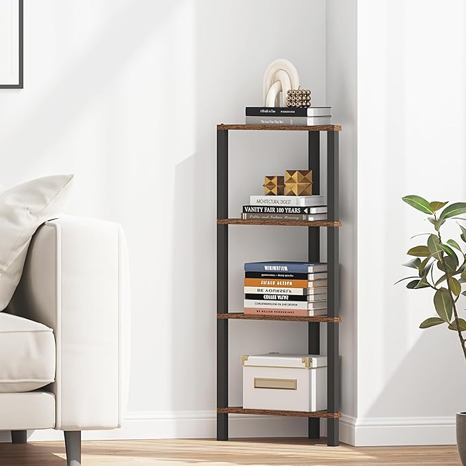 TUTOTAK Corner Shelf, 4-Tier Corner Bookshelf for Small Space, Narrow Display Corner Shelf Stand with Storage Rack, for Living Room, Bedroom, Rustic Brown BS05BB004